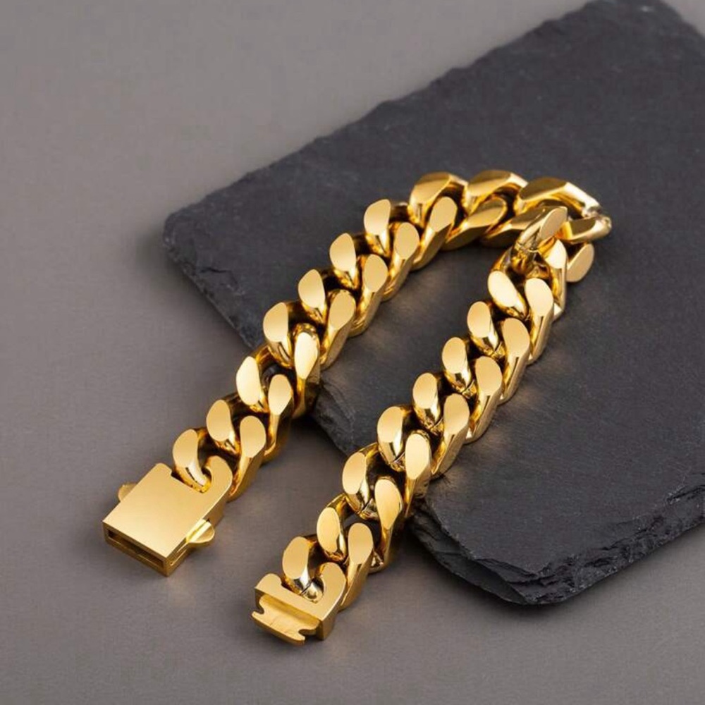 Women Gold 13mm Wide Stainless Steel Miami Curb Chain Bracelet - Picture 5 of 7